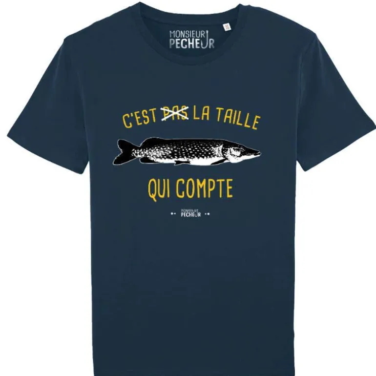 Tee Shirt Manches Courtes Homme Monsieur Pêcheur C'est Pas La Taille Qui Compte - Brochet - Marine